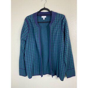 Susan Graver Cardigan Sweater Blue Green Houndstooth Women XL Christmas Holiday